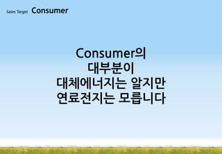Sales Target

Consumer

Consumer의
대부분이
대체에너지는 알지만
연료전지는 모릅니다

 