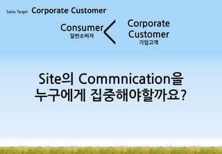 Sales Target

Corporate Customer

<

Consumer
일반소비자

Corporate
Customer
기업고객

Site의 Commnication을
누구에게 집중해야할까요?

 