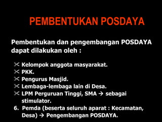 PEMBENTUKAN POSDAYA Kelompok anggota masyarakat. PKK. Pengurus Masjid. Lembaga-lembaga lain di Desa. LPM Perguruan Tinggi, SMA    sebagai  stimulator. 6.  Pemda (beserta seluruh aparat : Kecamatan,  Desa)    Pengembangan POSDAYA. Pembentukan dan pengembangan POSDAYA  dapat dilakukan oleh : 