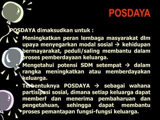 POSDAYA POSDAYA dimaksudkan untuk : Meningkatkan peran  lembaga masyarakat  dlm  upaya  menyegarkan modal sosial    kehidupan  ber mayarakat ,  peduli / saling memb a ntu dalam proses pemberdayaan keluarga . Mengetahui potensi SDM  setempat     dalam rangka  meningkatkan atau memberdayakan keluarga . Terbentuknya POSDAYA    sebagai  wahana partisipasi sosial ,  dimana setiap keluarga dapat memberi dan menerima pembaharuan dan pengetahuan , sehingga  dapat membantu proses pemantapan fungsi-fungsi keluarga. 