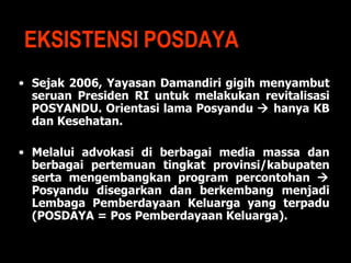 EKSISTENSI POSDAYA   Sejak 2006, Yayasan Damandiri gigih menyambut seruan Presiden RI untuk melakukan revitalisasi POSYANDU. Orientasi lama Posyandu    hanya KB dan Kesehatan. Melalui advokasi di berbagai media massa dan berbagai pertemuan tingkat provinsi/kabupaten serta mengembangkan program percontohan    Posyandu disegarkan dan berkembang menjadi Lembaga Pemberdayaan Keluarga yang terpadu (POSDAYA = Pos Pemberdayaan Keluarga). 
