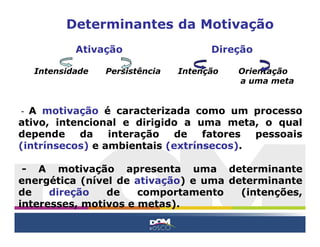 Determinantes da Motivação
Intensidade Persistência Intenção Orientação
a uma meta
- A motivação é caracterizada como um processo
ativo, intencional e dirigido a uma meta, o qual
depende da interação de fatores pessoais
(intrínsecos) e ambientais (extrínsecos).
- A motivação apresenta uma determinante
energética (nível de ativação) e uma determinante
de direção de comportamento (intenções,
interesses, motivos e metas).
Ativação Direção
 