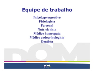 Equipe de trabalho
Psicólogo esportivo
Fisiologista
Personal
Nutricionista
Médico homeopata
Médico endocrinologista
Dentista
 