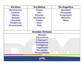 Via Ativa Via Afetiva Via Cognitiva
Movimentos
Instintos
Hábitos
Vontade
Liberdade
Tendências
Inconsciente
Prazer
Dor
Emoção
Sentimento
Paixão
Amor
Ódio
Sensação
Percepção
Imaginação
Memória
Idéias
Grandes Sínteses
Atenção
Consciência
Linguagem
Pensamento
Inteligência
Julgamento
Raciocínio
Personalidade
 