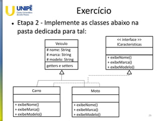 Exercício
 Etapa 2 - Implemente as classes abaixo na
pasta dedicada para tal:
29
Veiculo
# nome: String
# marca: String
# modelo: String
getters e setters
Carro
<< interface >>
ICaracteristicas
+ exibeNome()
+ exibeMarca()
+ exibeModelo()
Moto
+ exibeNome()
+ exibeMarca()
+ exibeModelo()
+ exibeNome()
+ exibeMarca()
+ exibeModelo()
 