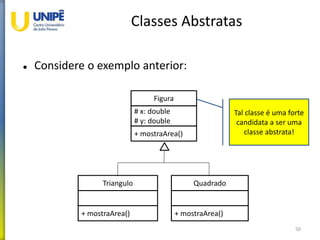 Classes Abstratas
 Considere o exemplo anterior:
50
Figura
# x: double
# y: double
+ mostraArea()
Triangulo
+ mostraArea()
Quadrado
+ mostraArea()
Tal classe é uma forte
candidata a ser uma
classe abstrata!
 
