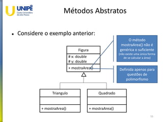 Métodos Abstratos
 Considere o exemplo anterior:
55
Figura
# x: double
# y: double
+ mostraArea()
Triangulo
+ mostraArea()
Quadrado
+ mostraArea()
O método
mostraArea() não é
genérica o suficiente
(não existe uma única forma
de se calcular a área)
Definida apenas para
questões de
polimorfismo
 