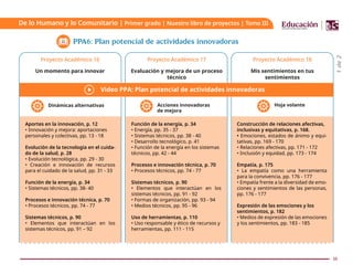 16
De lo Humano y lo Comunitario | Primer grado | Nuestro libro de proyectos | Tomo III
Proyecto Académico 18
PPA6: Plan potencial de actividades innovadoras
Proyecto Académico 16
Un momento para innovar
Proyecto Académico 17
Evaluación y mejora de un proceso
técnico
Mis sentimientos en tus
sentimientos
Dinámicas alternativas Acciones innovadoras
de mejora
Hoja volante
1
de
2
Video PPA: Plan potencial de actividades innovadoras
Aportes en la innovación, p. 12
• Innovación y mejora: aportaciones
personales y colectivas, pp. 13 - 18
Evolución de la tecnología en el cuida-
do de la salud, p. 28
• Evolución tecnológica, pp. 29 - 30
• Creación e innovación de recursos
para el cuidado de la salud, pp. 31 - 33
Función de la energía, p. 34
• Sistemas técnicos, pp. 38- 40
Procesos e innovación técnica, p. 70
• Procesos técnicos, pp. 74 - 77
Sistemas técnicos, p. 90
• Elementos que interactúan en los
sistemas técnicos, pp. 91 – 92
Función de la energía, p. 34
• Energía, pp. 35 - 37
• Sistemas técnicos, pp. 38 - 40
• Desarrollo tecnológico, p. 41
• Función de la energía en los sistemas
técnicos, pp. 42 - 44
Procesos e innovación técnica, p. 70
• Procesos técnicos, pp. 74 - 77
Sistemas técnicos, p. 90
• Elementos que interactúan en los
sistemas técnicos, pp. 91 - 92
• Formas de organización, pp. 93 - 94
• Medios técnicos, pp. 95 - 96
Uso de herramientas, p. 110
• Uso responsable y ético de recursos y
herramientas, pp. 111 - 115
Construcción de relaciones afectivas,
inclusivas y equitativas, p. 168.
• Emociones, estados de ánimo y equi-
tativas, pp. 169 - 170
• Relaciones afectivas, pp. 171 - 172
• Inclusión y equidad, pp. 173 - 174
Empatía, p. 175
• La empatía como una herramienta
para la convivencia, pp. 176 - 177
• Empatía frente a la diversidad de emo-
ciones y sentimientos de las personas,
pp. 176 - 177
Expresión de las emociones y los
sentimientos, p. 182
• Medios de expresión de las emociones
y los sentimientos, pp. 183 - 185
 