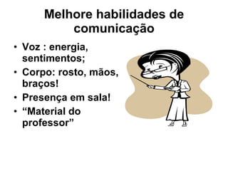 Melhore habilidades de comunicação Voz : energia, sentimentos; Corpo: rosto, mãos, braços! Presença em sala! “ Material do professor” 