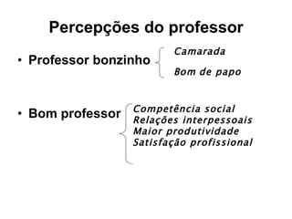 Percepções do professor Professor bonzinho Bom professor  Camarada Bom   de papo Competência social Relações interpessoais Maior produtividade Satisfação profissional 