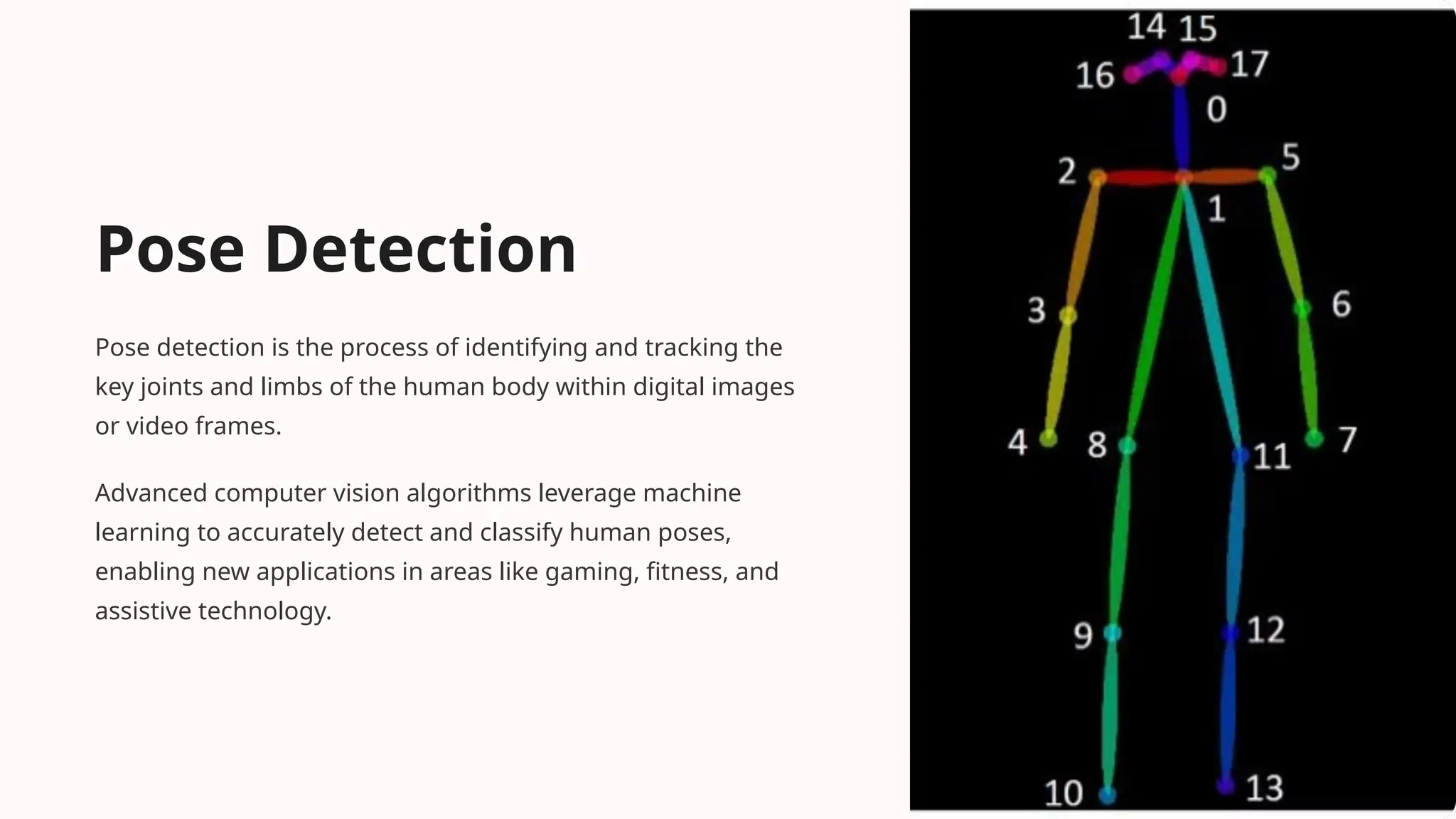 Pose Detection
Pose detection is the process of identifying and tracking the
key joints and limbs of the human body within digital images
or video frames.
Advanced computer vision algorithms leverage machine
learning to accurately detect and classify human poses,
enabling new applications in areas like gaming, fitness, and
assistive technology.
 