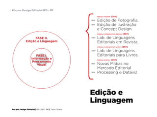 Pós em Design Editorial | IED | SP | BR | Fabio Silveira
Pós em Design Editorial IED - SP26
módulo imagem [36H]
Edição de Fotografia.
Edição de Ilustração
e Concept Design.
módulo workshop em revista [36H]
Lab. de Linguagens
Editoriais em Revista.
módulo workshop em livro [36H]
Lab. de Linguagens
Editoriais para Livros.
módulo digital [36H]
Novas Mídias no
Mercado Editorial
Processing e Dataviz
18H
18H
36H
36H
18H
18H
Edição e
Linguagem
FASE II.
Edição e Linguagem
FASE I.
Informação e
Pensamento
Visual
 