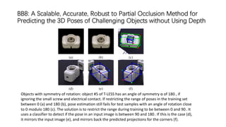 BB8: A Scalable, Accurate, Robust to Partial Occlusion Method for
Predicting the 3D Poses of Challenging Objects without Using Depth
Objects with symmetry of rotation: object #5 of T-LESS has an angle of symmetry α of 180◦ , if
ignoring the small screw and electrical contact. If restricting the range of poses in the training set
between 0◦ (a) and 180◦ (b), pose estimation still fails for test samples with an angle of rotation close
to 0◦ modulo 180◦ (c). The solution is to restrict the range during training to be between 0◦ and 90◦. It
uses a classifier to detect if the pose in an input image is between 90◦ and 180◦. If this is the case (d),
it mirrors the input image (e), and mirrors back the predicted projections for the corners (f).
 
