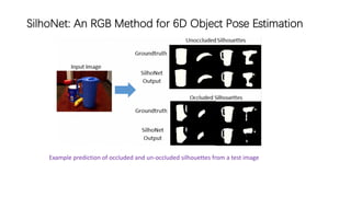 SilhoNet: An RGB Method for 6D Object Pose Estimation
Example prediction of occluded and un-occluded silhouettes from a test image
 