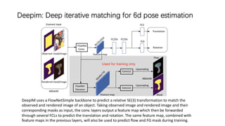 Deepim: Deep iterative matching for 6d pose estimation
DeepIM uses a FlowNetSimple backbone to predict a relative SE(3) transformation to match the
observed and rendered image of an object. Taking observed image and rendered image and their
corresponding masks as input, the conv. layers output a feature map which then be forwarded
through several FCLs to predict the translation and rotation. The same feature map, combined with
feature maps in the previous layers, will also be used to predict flow and FG mask during training.
 