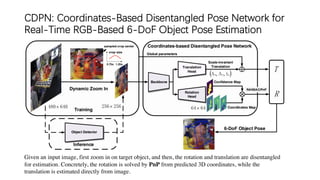 CDPN: Coordinates-Based Disentangled Pose Network for
Real-Time RGB-Based 6-DoF Object Pose Estimation
Given an input image, first zoom in on target object, and then, the rotation and translation are disentangled
for estimation. Concretely, the rotation is solved by PnP from predicted 3D coordinates, while the
translation is estimated directly from image.
 