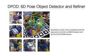 DPOD: 6D Pose Object Detector and Refiner
Qualitative results: Poses predicted with the
approach on (a) the LineMOD dataset and
(b) the OCCLUSION dataset.
 