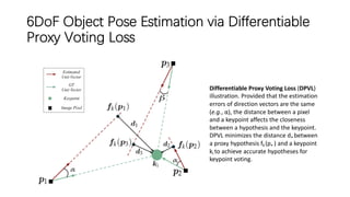6DoF Object Pose Estimation via Differentiable
Proxy Voting Loss
Differentiable Proxy Voting Loss (DPVL)
illustration. Provided that the estimation
errors of direction vectors are the same
(e.g., α), the distance between a pixel
and a keypoint affects the closeness
between a hypothesis and the keypoint.
DPVL minimizes the distance d⋆ between
a proxy hypothesis fk(p⋆ ) and a keypoint
ki to achieve accurate hypotheses for
keypoint voting.
 