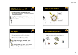 11.03.2012
5
 objektorientierte Softwareentwicklung
Hier werden die Konzepte der Analyse, des Systementwurfs und der OOP in 
einen Zusammenhang gebracht. 
 objektorientierte Vorgehensweise
Der Prozeß der in einem Entwicklungsprojekt zu einem Ergebnis führt, 
nämlich dem Produkt. 
M
M
M
M
M
M
M M M
M
M
M
M
M
M
Daten
Methoden
Kapselung
 Besteht aus Daten und Funktionalität
 Es bietet Dienste/Funktionalität an
 Es erhält Nachrichten/ Messages, die es 
Auffordern einen Dienst zu erbringen
 Es verbirgt die Art und Weise wie es diesen 
Dienst erbringt vor dem Aufrufenden
 Gegenstände eines Büroarbeitsplatzes
 