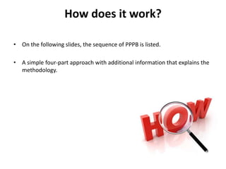How does it work?
• On the following slides, the sequence of PPPB is listed.
• A simple four-part approach with additional information that explains the
methodology.
 