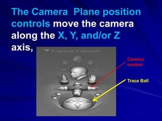 The Camera Plane position
controls move the camera
along the X, Y, and/or Z
axis,
                      Camera
                      control


                      Trace Ball
 