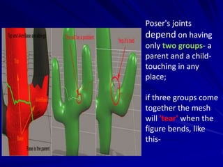 Poser's joints
depend on having
only two groups- a
parent and a child-
touching in any
place;

if three groups come
together the mesh
will 'tear' when the
figure bends, like
this-
 