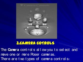 3.CAMERA COTROLS
The C er a cont r ol s al l ow you t o sel ect and
      am
move one or m e Poser cam as.
                or            er
Ther e ar e t w t ypes of cam a cont r ol s:
               o              er
 