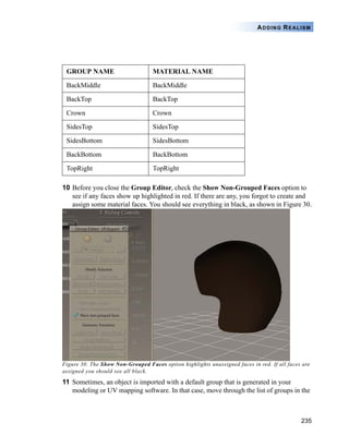 235
ADDING REALISM
10 Before you close the Group Editor, check the Show Non-Grouped Faces option to
see if any faces show up highlighted in red. If there are any, you forgot to create and
assign some material faces. You should see everything in black, as shown in Figure 30.
Figure 30. The Show Non-Grouped Faces option highlights unassigned faces in red. If all faces are
assigned you should see all black.
11 Sometimes, an object is imported with a default group that is generated in your
modeling or UV mapping software. In that case, move through the list of groups in the
GROUP NAME MATERIAL NAME
BackMiddle BackMiddle
BackTop BackTop
Crown Crown
SidesTop SidesTop
SidesBottom SidesBottom
BackBottom BackBottom
TopRight TopRight
 