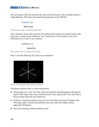 342
POSER 7 TUTORIAL MANUAL
The second part of the line specifies the name of the body part. In the example the part is
called abdomen. This name must match the group name in the OBJ file.
The 3-character string at the end of the line represents the rotation (or gimbal) order of the
body part. A rotation order defined as “zxy” means that a Z axis rotation occurs first,
followed by the X, then Y axis rotations.
Poser 7 uses the following XY and Z axis orientations:
Assigning a rotation order is a three step process:
Always place the “twist” axis first. This axis should be placed lengthwise through the
object. If the object, like a leg, is built down the Y-axis, specify the Y first since that is
the axis along which the leg would twist.
Of the two remaining rotations, place the one most likely to become 90 degrees last.
This helps reduce rotation lock problems that occur when the middle rotation
approaches 90 degrees.
Place the remaining rotation channel second.
The body part name in a Hierarchy file line.
The rotation order in a Hierarchy file line.
The X, Y, and Z planes that make up 3D space.
Body Part Name
2 abdomen zyx
Rotation Order
2 abdomen zyx
Y
Z X
 