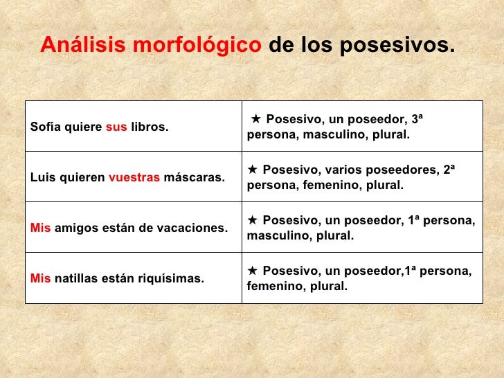Análisis morfológico  de los posesivos. Sofía quiere  sus  libros.    Posesivo, un poseedor, 3ª persona, masculino, plura...