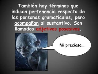También hay términos que
indican pertenencia respecto de
las personas gramaticales, pero
  acompañan al sustantivo. Son
  llamados adjetivos posesivos.


                    Mi precioso...
 