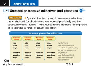Spanish    has two types of possessive adjectives:
   the unstressed (or short) forms you learned previously and the
   stressed (or long) forms. The stressed forms are used for emphasis
   or to express of mine, of yours, and so on.




 Copyright © 2008 Vista Higher Learning. All
rights reserved.                                   2.4-1
 