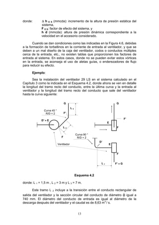13
donde: Δ h E S (mmcda): incremento de la altura de presión estática del
sistema,
F E S: factor de efecto del sistema, y
h d (mmcda): altura de presión dinámica correspondiente a la
velocidad en el accesorio considerado.
Cuando se dan condiciones como las indicadas en la Figura 4.6, debidas
a la formación de torbellinos en la corriente de entrada al ventilador, y que se
deben a un mal diseño de la caja del ventilador, codos o conductos múltiples
cerca de la entrada, etc., no existen tablas que proporcionen los factores de
entrada al sistema. En estos casos, donde no se pueden evitar estos vórtices
en la entrada, se aconseja el uso de aletas guías, o enderezadores de flujo
para reducir su efecto.
Ejemplo:
Sea la instalación del ventilador 29 LS en el sistema calculado en el
Capítulo 3 como la indicada en el Esquema 4.2, donde ahora se ven en detalle
la longitud del tramo recto del conducto, entre la última curva y la entrada al
ventilador y la longitud del tramo recto del conducto que sale del ventilador
hasta la curva siguiente:
Esquema 4.2
donde: L 1 = 1,5 m , L 2 = 3 m y L 3 = 7 m.
Este tramo L 2 incluye a la transición entre el conducto rectangular de
salida del ventilador y la sección circular del conducto de diámetro φ igual a
740 mm. El diámetro del conducto de entrada es igual al diámetro de la
descarga después del ventilador y el caudal es de 8,63 m3
/ s.
G G
F’ ≡ G
Ventilador
D’ ≡ E
F
F’
E
F’
F
E
F
Curva 90 °
R/D = 2
L 1
L 2
L 3
Curva 45 °
R/D = 2
D’
 