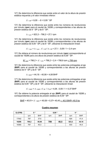 9
12°) Se determina la diferencia que existe entre el valor de la altura de presión
estática requerida y el valor inmediato inferior:
Δ’ 1 SP = 8,09 – 8 = 0,09 “ SP
13°) Se determina la diferencia que existe entre los números de revoluciones
por minuto (rpm) para el caudal de 18286 y correspondientes a las alturas de
presión estática de 9 “ SP y de 8 “ SP:
Δ 1 rpm = 823,3 – 796,2 = 27,1 rpm
14°) Se determina la diferencia que existe entre los números de revoluciones
por minuto (rpm) para el caudal de 18286 y correspondientes a las alturas de
presión estática de 8,09 “ SP y de 8 “ SP, utilizando la interpolación lineal:
Δ’ 1 rpm = Δ 1 rpm . Δ’ 1 SP / Δ 1 SP = 27,1 . 0,09 / 1 = 2,4 rpm
15°) Se obtiene el número de revoluciones por minuto (rpm) correspondiente al
caudal de 18286 para una altura de presión estática de 8,09 “ SP:
N° rpm = 796,2 + Δ’ 1 rpm = 796,2 + 2,4 = 798,6 rpm ≅ 799 rpm
16°) Se determina la diferencia que existe entre las potencias entregadas al eje
(BHP) para el caudal de 18286 y correspondientes a las alturas de presión
estática de 9 “ SP y de 8 “ SP:
Δ 1 BHP = 44,16 – 40,08 = 4,08 BHP
17°) Se determina la diferencia que existe entre las potencias entregadas al eje
(BHP) para el caudal de 18286 y correspondientes a las alturas de presión
estática de 8,09 “ SP y de 8 “ SP, utilizando la interpolación lineal:
Δ’ 1 BHP = Δ 1 BHP. Δ’ SP / Δ SP = 4,08 . 0,09 / 1 = 0,37 BHP
18°) Se obtiene la potencia entregada al eje (BHP) para el caudal de 18286 y
correspondientes a la altura de presión estática de 8,09 “ SP:
BHP = 40,01+ Δ’ 1 BHP = 40,08 + 0,37= 40,45 ≅ 40,5 BHP= 40,5 hp
Cuadro resumen
Q (CFM) 8 “ 8,09 “ 9 “
rpm BHP rpm BHP rpm BHP
17442 787 37,6 824 41,4
18286 796,2 40,08 799 40,5 823,3 44,16
18360 797 40,3 833 44,4
 