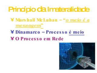 Princípio  da  Imateralidade Marshall McLuhan – “ o meio é a mensagem ” Dinamarco – Processo  é meio O Processo em Rede 