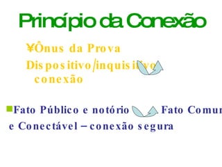Princípio da Conexão Ônus da Prova Dispositivo/inquisitivo  conexão Fato Público e notório  Fato Comum e Conectável – conexão segura 