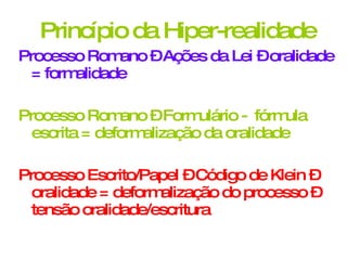 Princípio da Hiper-realidade Processo Romano – Ações da Lei – oralidade = formalidade Processo Romano – Formulário -  fórmula escrita = deformalização da oralidade Processo Escrito/Papel – Código de Klein – oralidade = deformalização do processo – tensão oralidade/escritura 