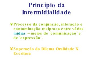 Princípio da Intermidialidade Processo da conjunção, interação e contaminação recíproca entre várias  mídias  – meios de ‘comunicação’ e de ‘expressão’. Superação do Dilema Oralidade X Escritura 