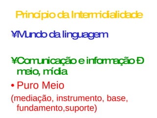 Princípio da Intermidialidade Mundo da linguagem Comunicação e informação – meio, mídia Puro Meio  (mediação, instrumento, base, fundamento,suporte) 