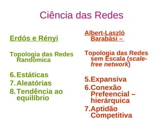 Ciência das Redes Erdós e Rényi Topologia das Redes Randômica Estáticas Aleatórias Tendência ao equilíbrio Albert-Laszló Barabási –  Topologia das Redes sem Escala ( scale-free network ) Expansiva Conexão Prefeencial – hierárquica Aptidão Competitiva 