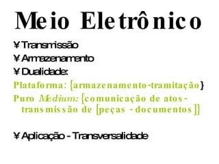 Meio Eletrônico Transmissão Armazenamento Dualidade: Plataforma: {armazenamento-tramitação } Puro  Medium:  {comunicação de atos- transmissão de [peças - documentos]} Aplicação - Transversalidade 