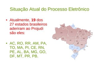 Situação Atual do Processo Eletrônico Atualmente,  19  dos 27 estados brasileiros aderiram ao Projudi são eles: AC, RO, RR, AM, PA, TO, MA, PI, CE, RN, PE, AL, BA, MG, GO, DF, MT, PR, PB. 