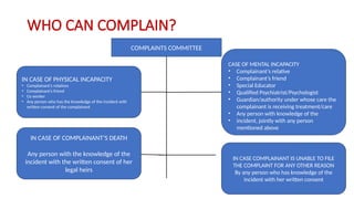 WHO CAN COMPLAIN?
COMPLAINTS COMMITTEE
IN CASE OF PHYSICAL INCAPACITY
• Complainant’s relatives
• Complainant’s friend
• Co worker
• Any person who has the knowledge of the incident with
written consent of the complainant
IN CASE OF COMPLAINANT’S DEATH
Any person with the knowledge of the
incident with the written consent of her
legal heirs
CASE OF MENTAL INCAPACITY
• Complainant’s relative
• Complainant’s friend
• Special Educator
• Qualified Psychiatrist/Psychologist
• Guardian/authority under whose care the
complainant is receiving treatment/care
• Any person with knowledge of the
• incident, jointly with any person
mentioned above
IN CASE COMPLAINANT IS UNABLE TO FILE
THE COMPLAINT FOR ANY OTHER REASON
By any person who has knowledge of the
incident with her written consent
 