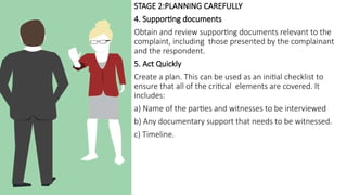 STAGE 2:PLANNING CAREFULLY
4. Supporting documents
Obtain and review supporting documents relevant to the
complaint, including those presented by the complainant
and the respondent.
5. Act Quickly
Create a plan. This can be used as an initial checklist to
ensure that all of the critical elements are covered. It
includes:
a) Name of the parties and witnesses to be interviewed
b) Any documentary support that needs to be witnessed.
c) Timeline.
 