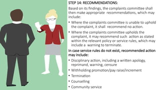 STEP 14: RECOMMENDATIONS:
Based on its findings, the complaints committee shall
then make appropriate recommendations, which may
include:
• Where the complaints committee is unable to uphold
the complaint, it shall recommend no action.
• Where the complaints committee upholds the
complaint, it may recommend such action as stated
within the relevant policy or service rules, which may
include a warning to terminate.
In case service rules do not exist, recommended action
may include:
• Disciplinary action, including a written apology,
reprimand, warning, censure
• Withholding promotion/pay raise/increment
• Termination
• Counselling
• Community service
 