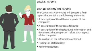 STAGE 6: REPORT:
STEP 15: WRITING THE REPORT:
The Complaints Committee will prepare a final
report that contains the following elements:
• A description of the different aspects of the
complaints
• A description of the process followed
• A description of the background information and
documents that support or refute each aspect
of the complaint.
• An analysis of the information obtained
• Findings as stated above
• Recommendations
 