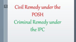 Civil Remedy under the
POSH
Criminal Remedy under
the IPC
 