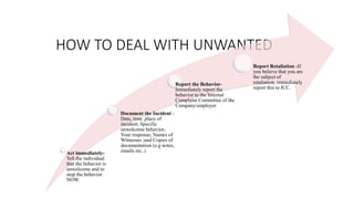 HOW TO DEAL WITH UNWANTED
Act immediately-
Tell the individual
that the behavior is
unwelcome and to
stop the behavior
NOW.
Document the Incident -
Date, time ,place of
incident; Specific
unwelcome behavior;
Your response; Names of
Witnesses ;and Copies of
documentation (e.g notes,
emails etc..)
Report the Behavior-
Immediately report the
behavior to the Internal
Complaint Committee of the
Company/employer
Report Retaliation -If
you believe that you are
the subject of
retaliation, immediately
report this to ICC.
 