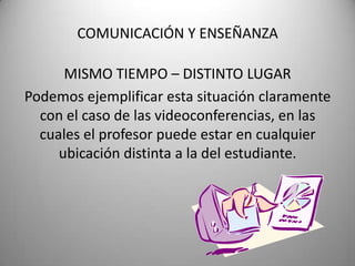 COMUNICACIÓN Y ENSEÑANZAMISMO TIEMPO – DISTINTO LUGARPodemos ejemplificar esta situación claramente con el caso de las videoconferencias, en las cuales el profesor puede estar en cualquier ubicación distinta a la del estudiante.