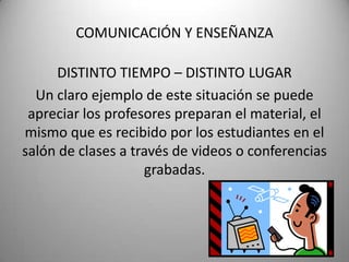 COMUNICACIÓN Y ENSEÑANZADISTINTO TIEMPO – DISTINTO LUGARUn claro ejemplo de este situación se puede apreciar los profesores preparan el material, el mismo que es recibido por los estudiantes en el salón de clases a través de videos o conferencias grabadas.  